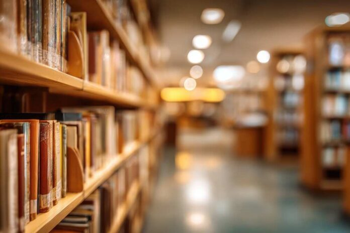 Library shelves with books in a softly lit aisle