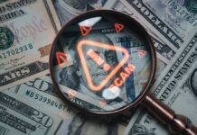 Investigators Trace Scams To U.S. Tech Magnifying glass over U.S. dollar bills with a scam warning