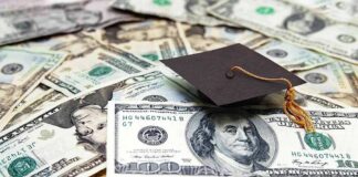 Graduation cap on a pile of US dollar bills