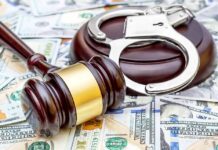 Fake Rehab Ring Stole Medicaid Billions Judge's gavel and handcuffs on pile of US dollar bills