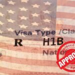 Six-Figure Visa Toll Roars Back H1B visa document with U.S. flag overlay and red Approved stamp