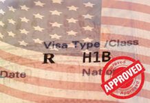 H1B visa document with U.S. flag overlay and red Approved stamp