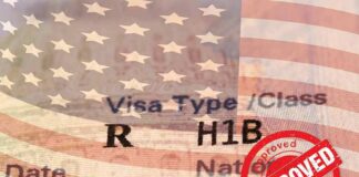 H1B visa document with U.S. flag overlay and red Approved stamp