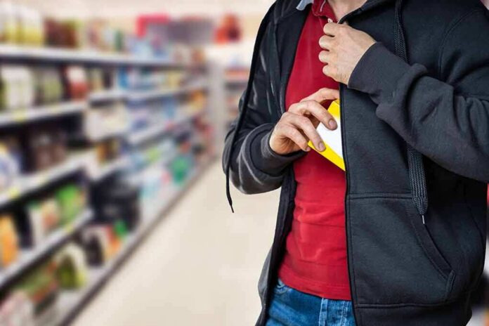 shutterstock_2110532546 person concealing a small box inside a hoodie in a store aisle