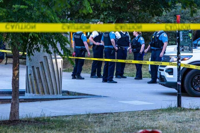 police officers stand behind caution tape at a park scene