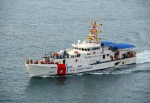 U.S. Coast Guard patrol boat cruising at sea