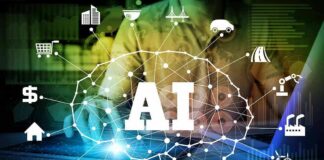 AI network diagram over a person using a laptop