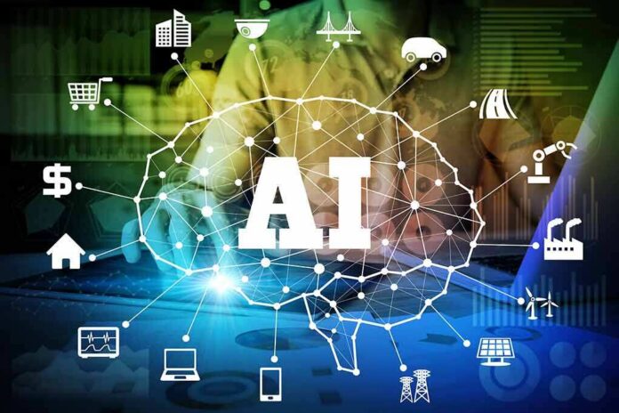 shutterstock_701349271 AI network diagram over a person using a laptop