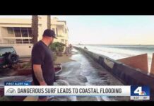 Big waves, high tide strip sand from Carlsbad Beach