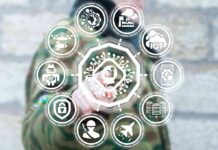 Congress Showdown Over AI Control Person in camouflage touches virtual interface with cybersecurity and technology icons