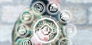 Person in camouflage touches virtual interface with cybersecurity and technology icons