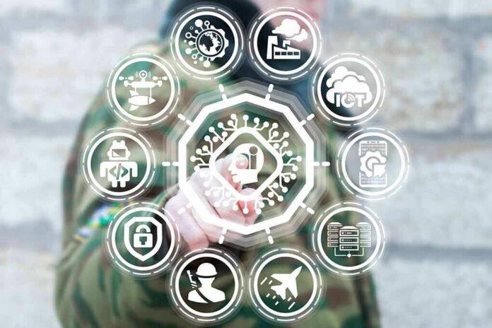 shutterstock_1045491424 Person in camouflage touches virtual interface with cybersecurity and technology icons