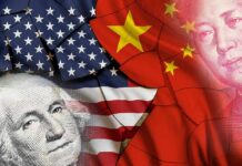 China Imagery Tied To Deadly U.S. Strike United States and China flags overlaid with currency portraits