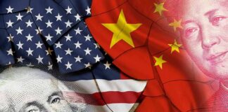 United States and China flags overlaid with currency portraits