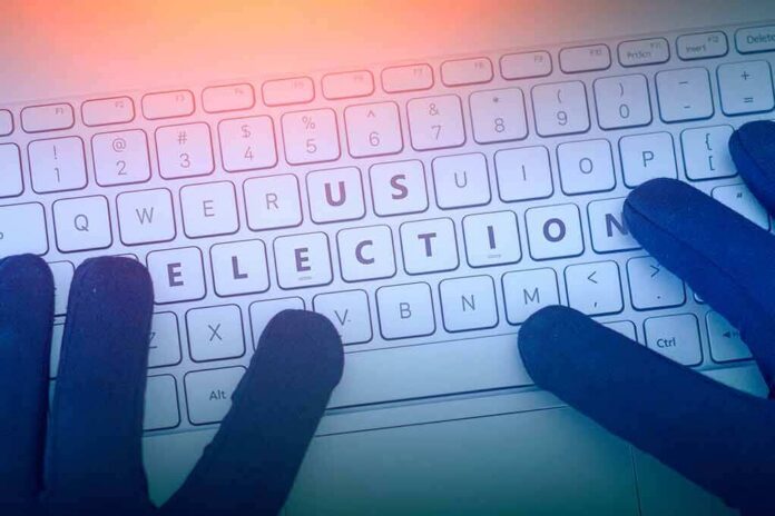 Gloved hands typing on a keyboard with highlighted election keys