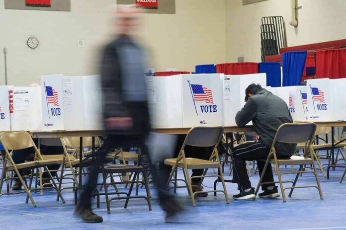 shutterstock_1642475128 Voter fills out ballot at polling station with privacy booths