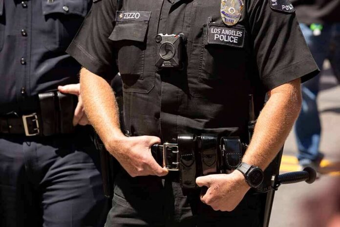 shutterstock_1720625635 Police officers in black uniforms with duty belts