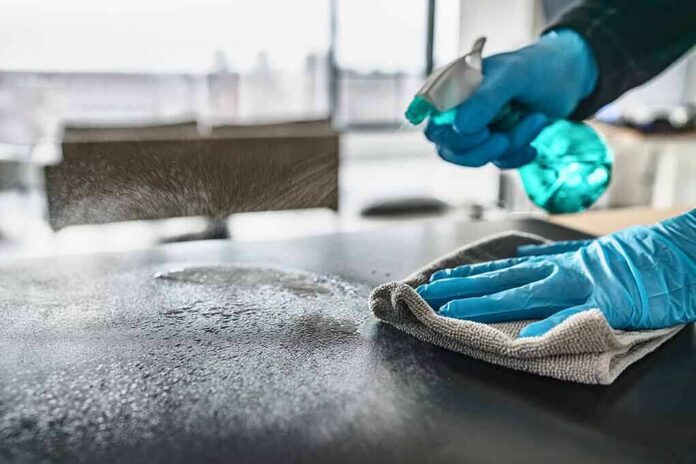 Gloved hands spraying and wiping a tabletop