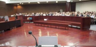 Conference microphone on a podium in a courtroom