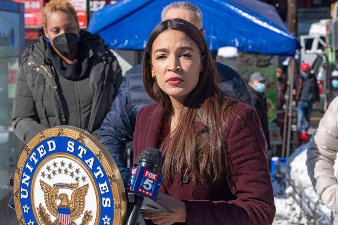 Woman speaking at outdoor press event with microphones and seal