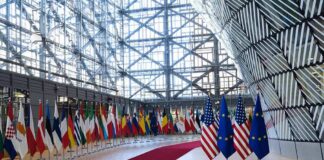 Row of national flags in a modern glass atrium with red carpet and EU and US flags upfront