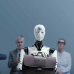 Robot Takeover Slashes Wages—Hotel Grins Humanoid robot holding a briefcase among seated job applicants