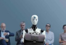 Robot Takeover Slashes Wages—Hotel Grins Humanoid robot holding a briefcase among seated job applicants