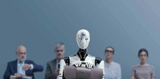 Humanoid robot holding a briefcase among seated job applicants