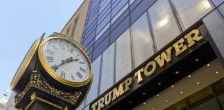 Trump Tower entrance and ornate street clock