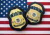 ICE badges on an American flag background