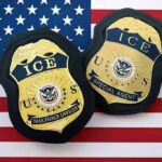 ICE badges on an American flag background