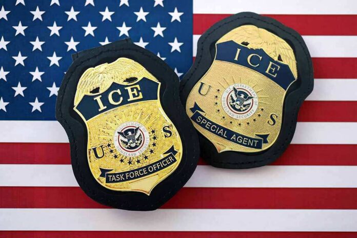 Kyiv,,Ukraine,-,March,13,,2026,Department,Of,Homeland,Security ICE badges on an American flag background