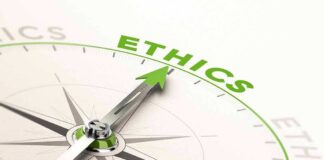 Compass needle pointing to ethics