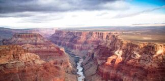 Grand Canyon with river winding through layered red cliffs