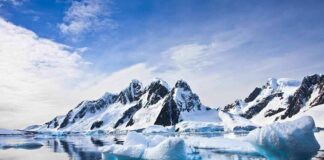 Icebergs floating before snow-covered mountains under a bright sky