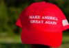 MAGA Hat Buyers Exposed In Data Sweep Red baseball cap with political slogan and small U.S. flag patch