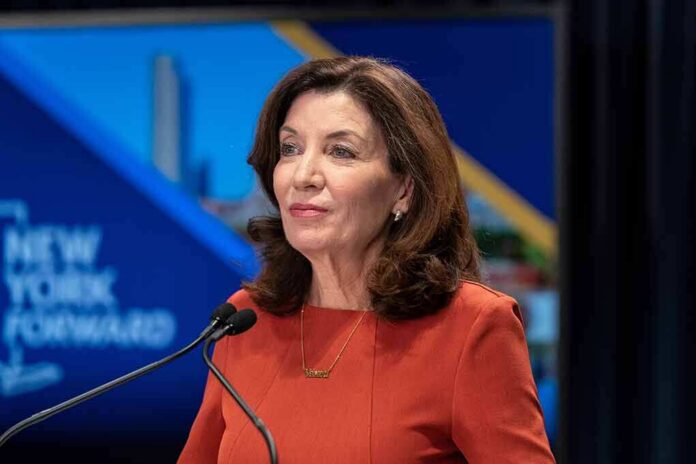 Kathy Hochul speaking at a podium with microphones