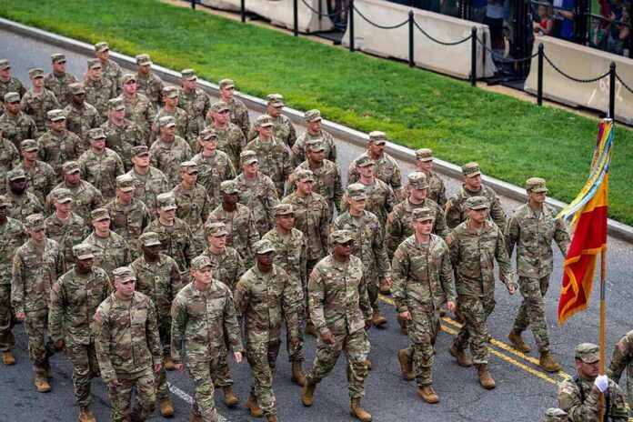 14,June,2025,,Washington,Dc,-,Us,Army,250th,Anniversary. Soldiers in camouflage uniforms march in formation on a street