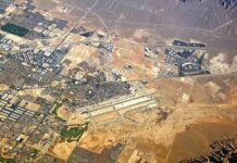 War Crime Alarm After Airport Missile Shot Aerial view of desert city with airport and highways